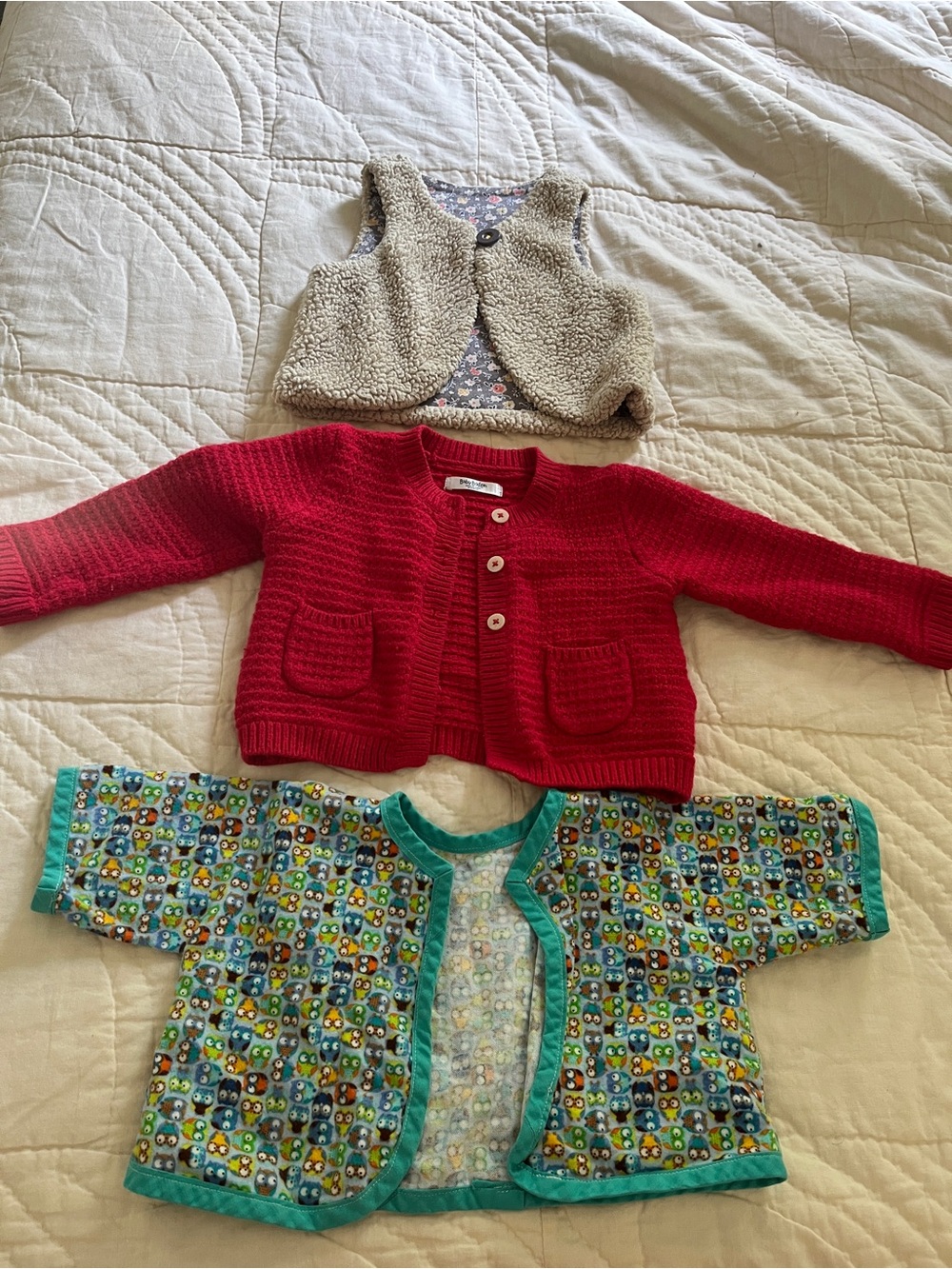 Baby Boden Red Knit Cardigan with Vest and Owl Print Jacket Set